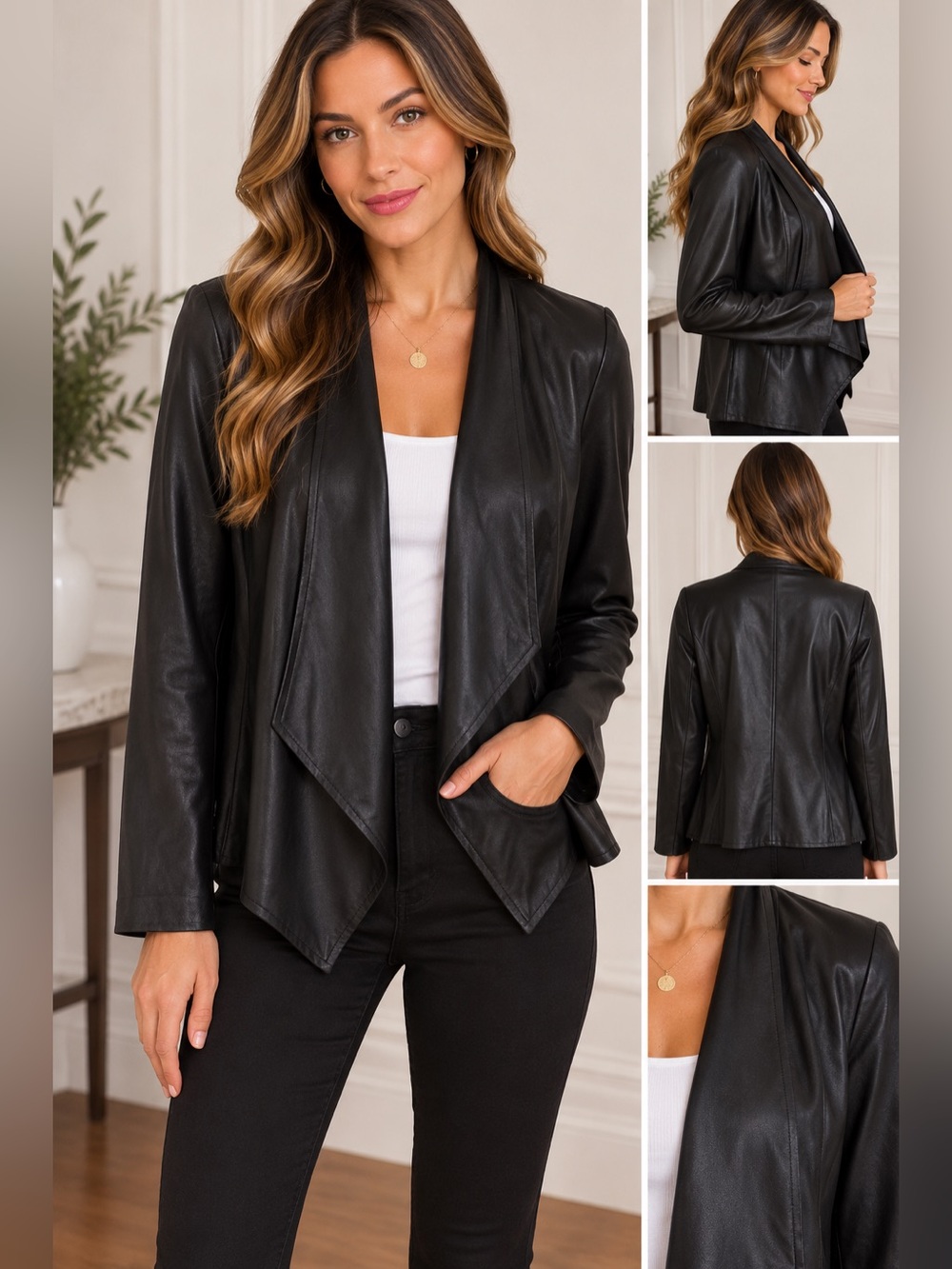 JM Collection Black Open-Front Draped Leather looking Jacket
